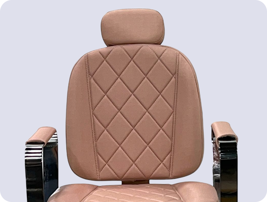 Close up of a dark wooden chair with black metal legs.